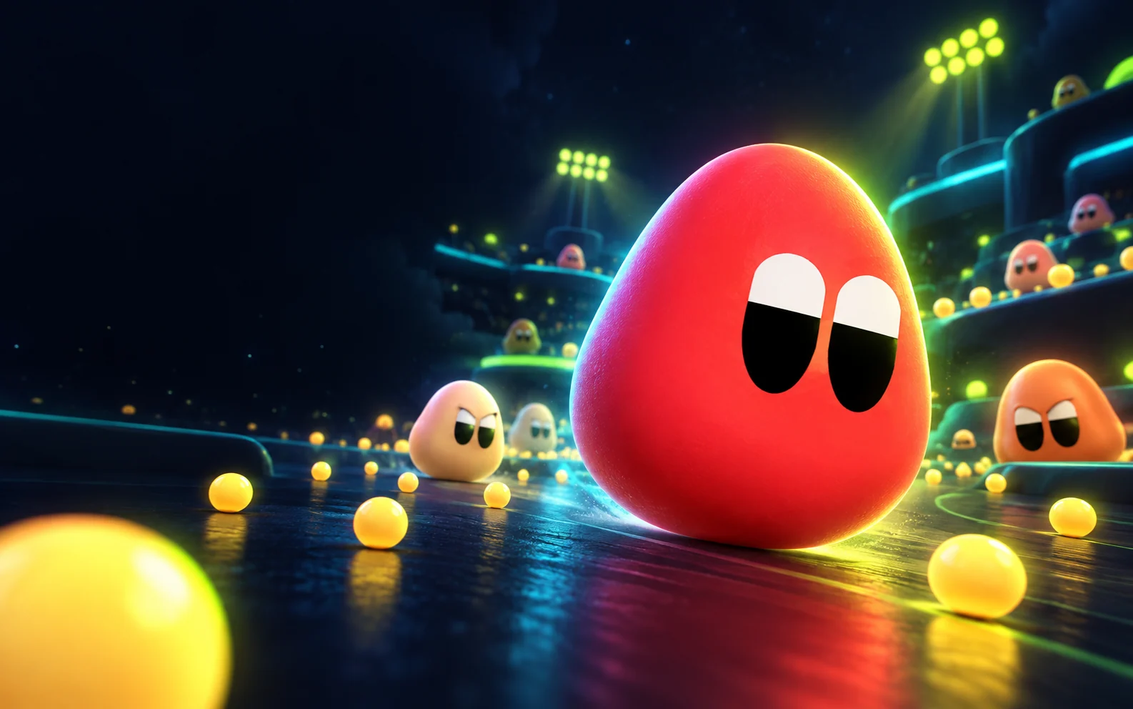 Colourful dough characters competing for food in a glowing arena