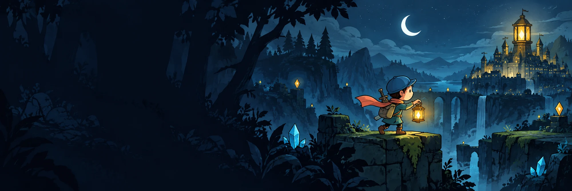 Lumi carries a glowing lantern across enchanted forest platforms toward Light City