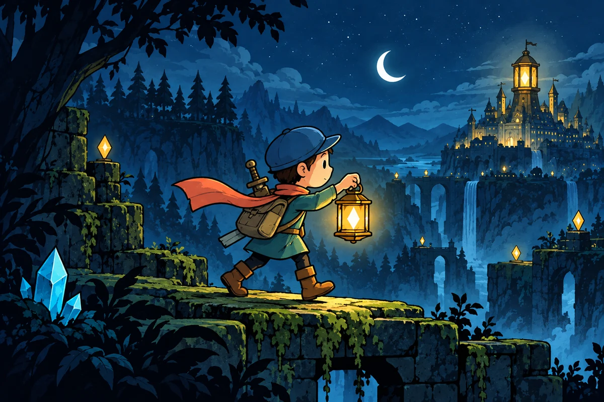 Lumi carries a glowing lantern across enchanted forest platforms toward Light City